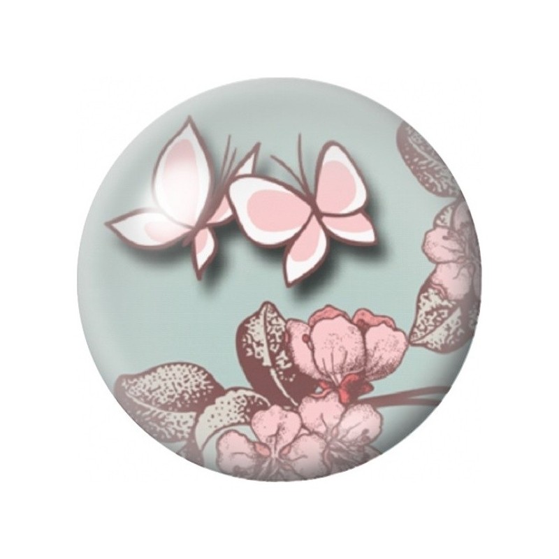 Cabochon en Verre Illustré Papillons Roses et Fleurs Grises 12 à 25mm