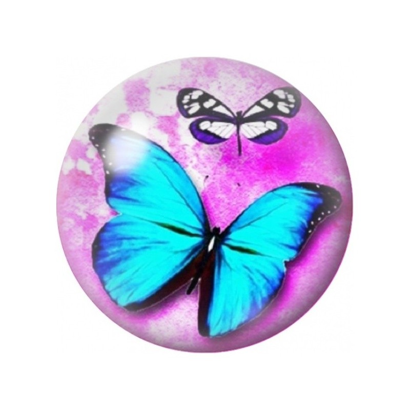Cabochon en Verre Illustré Papillon Bleu sur Fond Rose 12 à 25mm