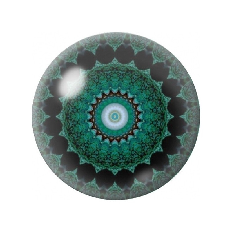 Cabochon en Verre Illustré Mandala Turquoise sur Noir 12 à 25mm