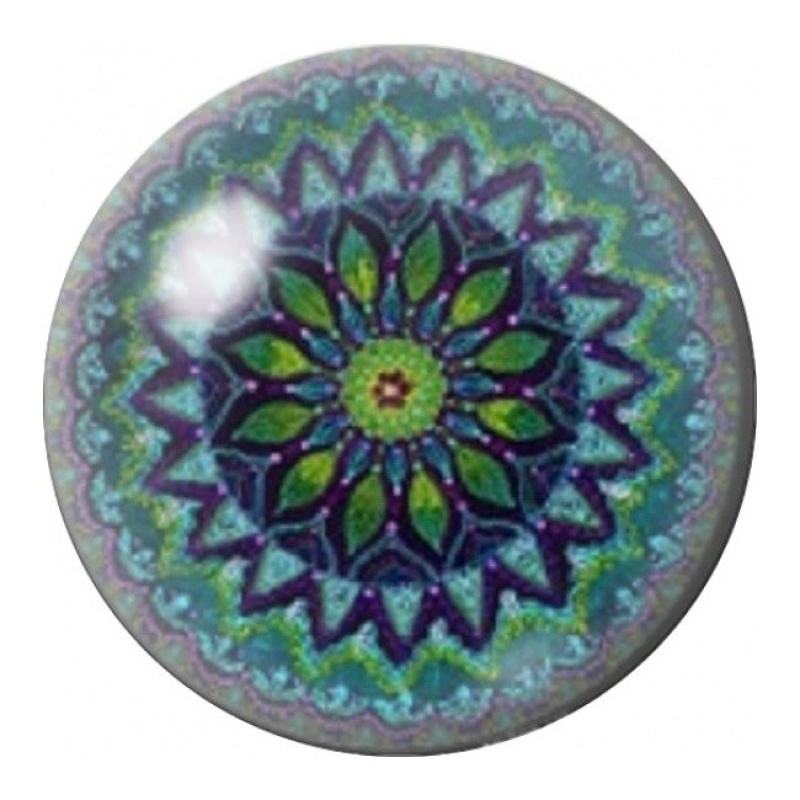 Cabochon en Verre Illustré Mandala Fleur Verte et Violette 12 à 25mm