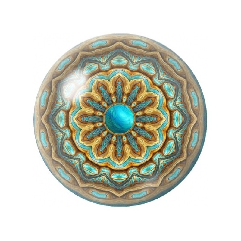 Cabochon en Verre Illustré Mandala Turquoise et Cuivre 12 à 25mm
