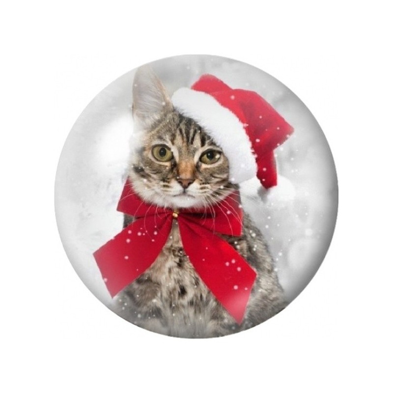 Cabochon en Verre Illustré Chat de Noël au Grand Nœud Rouge 12 à 25mm