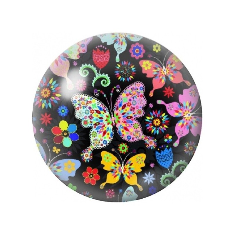 Cabochon en Verre Illustré Papillons et Fleurs Multicolores 12 à 25mm