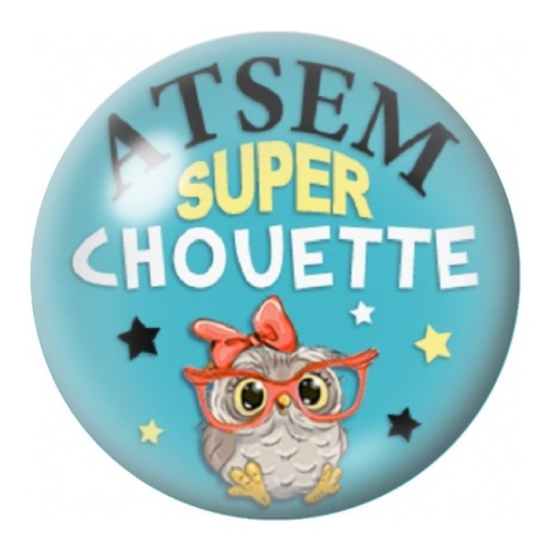 Cabochon en Verre Illustré ATSEM Super Chouette sur Bleu 12 à 25mm