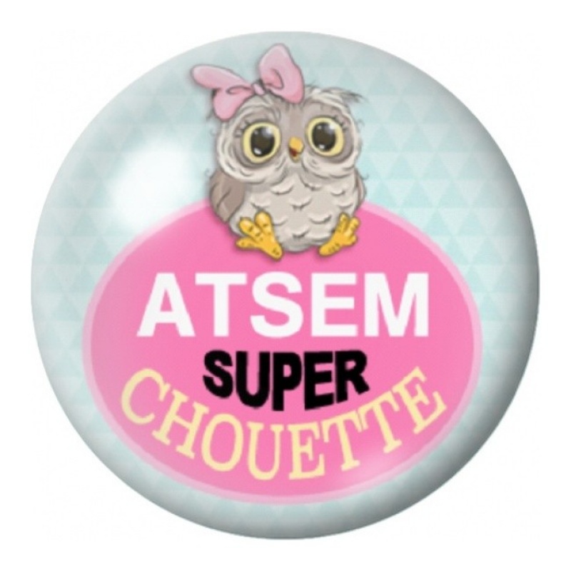 Cabochon en Verre Illustré ATSEM Super Chouette sur Bleu Pastel 12 à 25mm