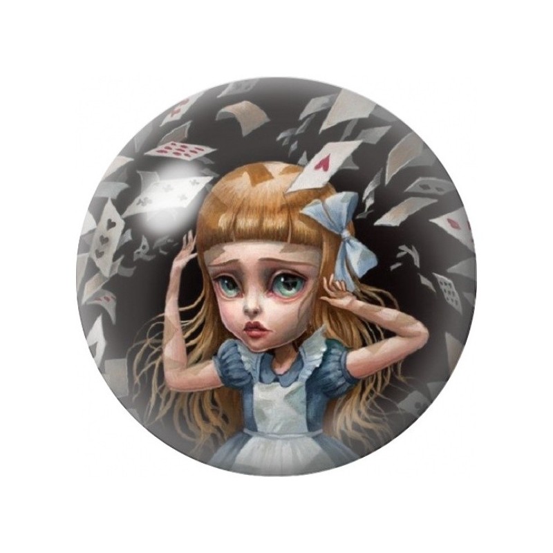 Cabochon en Verre Illustré Alice sous une Pluie de Cartes 12 à 25mm