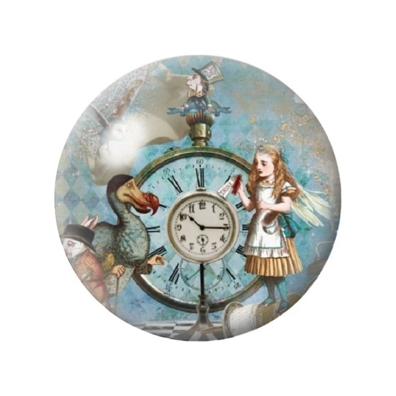 Cabochon en Verre Illustré Alice et Grande Horloge Bleue 12 à 25mm