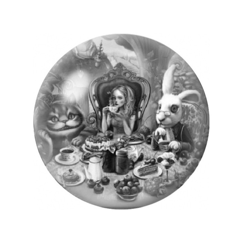 Cabochon en Verre Illustré Thé d'Alice en Noir et Blanc 12 à 25mm