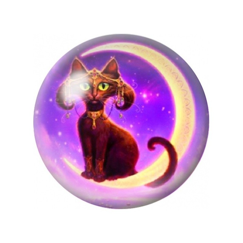 Cabochon en Verre Illustré Chat Égyptien sur Croissant de Lune 12 à 25mm