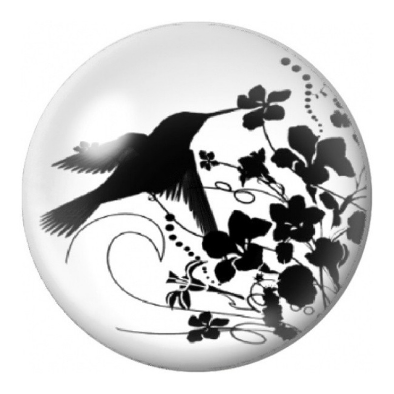 Cabochon en Verre Illustré Colibri Noir et Fleurs 12 à 25mm