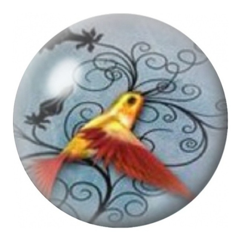Cabochon en Verre Illustré Colibri Orange aux Arabesques 12 à 25mm