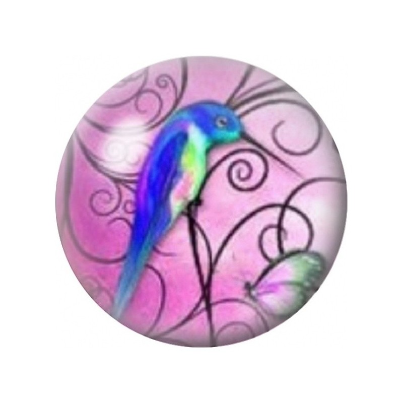 Cabochon en Verre Illustré Colibri Bleu sur Fond Rose 12 à 25mm