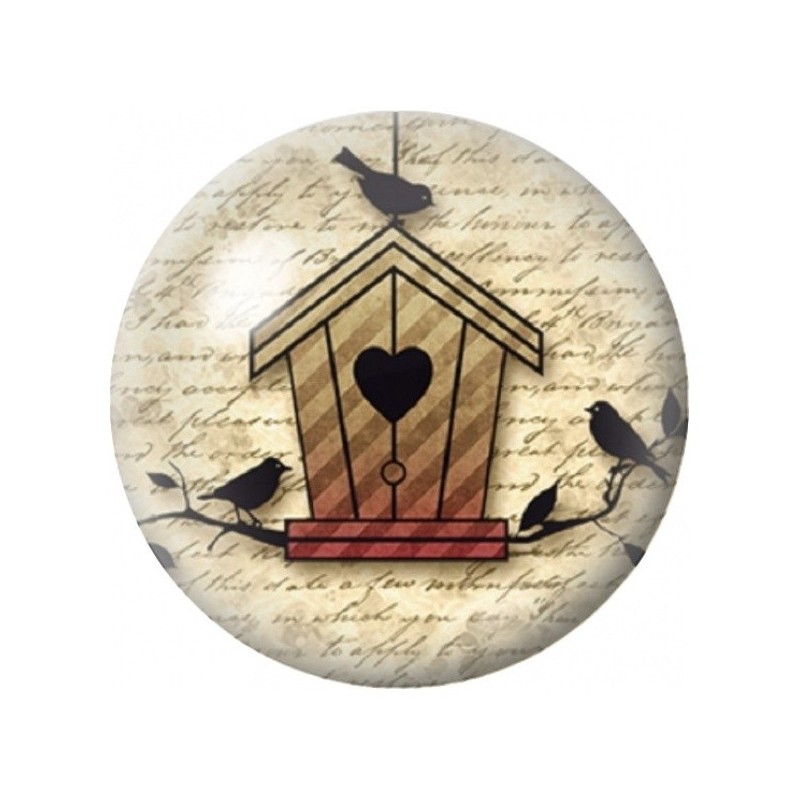 Cabochon en Verre Illustré Nichoir au Cœur et Oiseaux 12 à 25mm