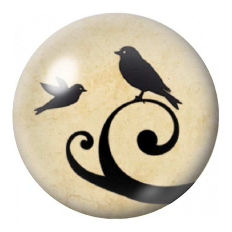 Cabochon en Verre Illustré Oiseaux sur Arabesque Noire 12 à 25mm