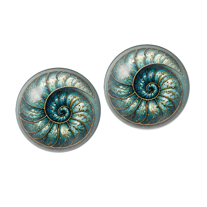 2 Cabochons en Verre Illustré Ammonite Turquoise et Bronze 10mm