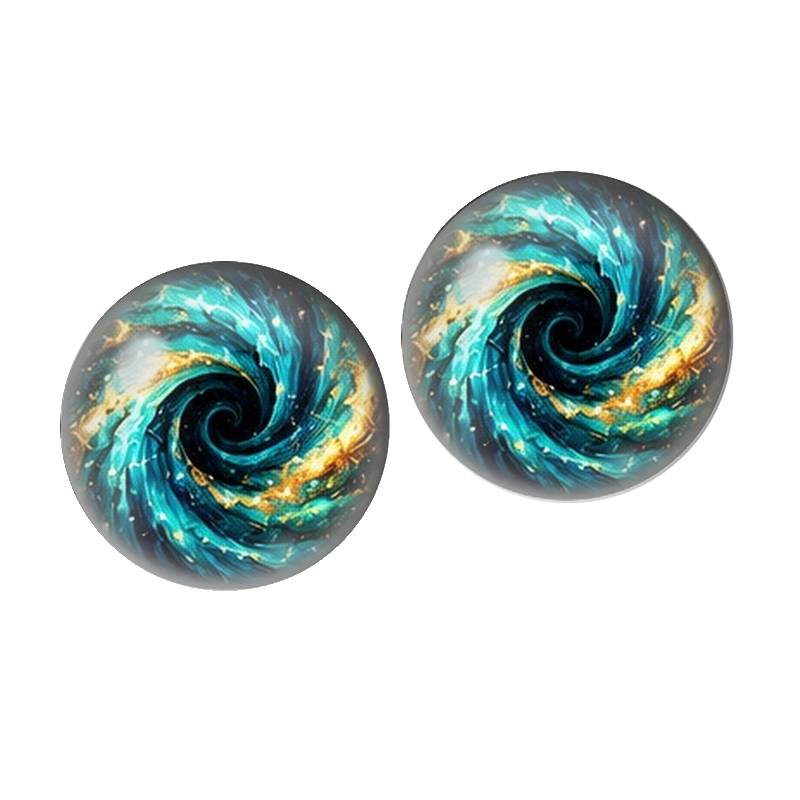 2 Cabochons en Verre Illustré Tourbillon Turquoise et Or 10mm