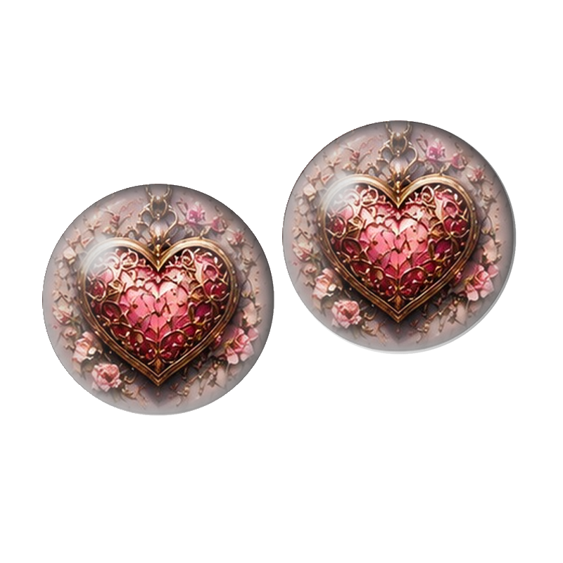 2 Cabochons en Verre Illustré Cœur Rose sur Fond Fleuri 10mm