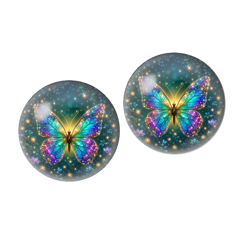 2 Cabochons en Verre Illustré Papillon Arc-en-Ciel Étoilé 10mm