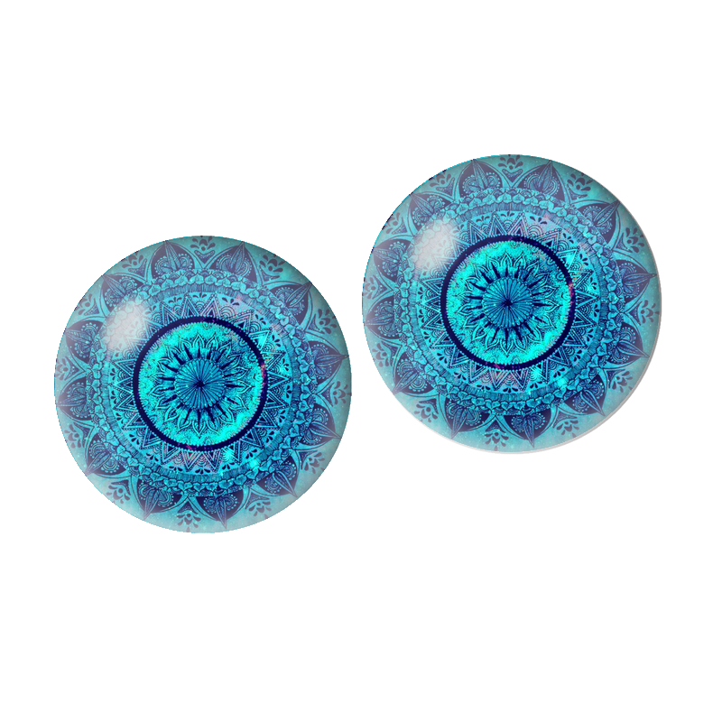 2 Cabochons en Verre Illustré Mandala Turquoise et Bleu 10mm