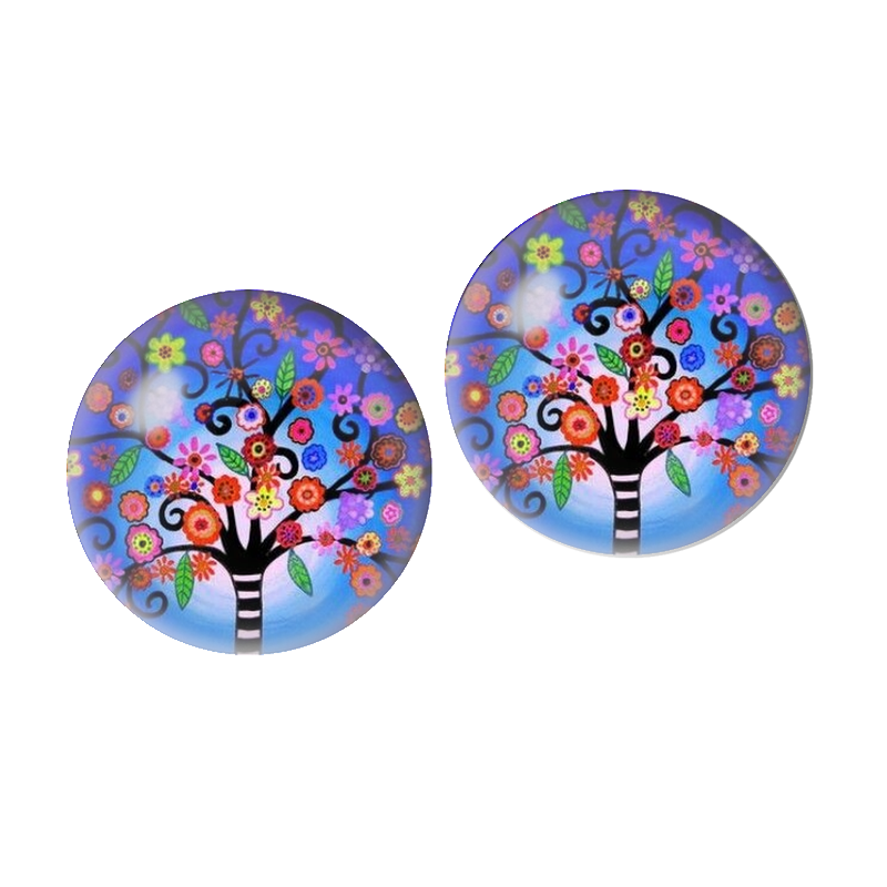 2 Cabochons en Verre Illustré Arbre Fleuri Multicolore 10mm