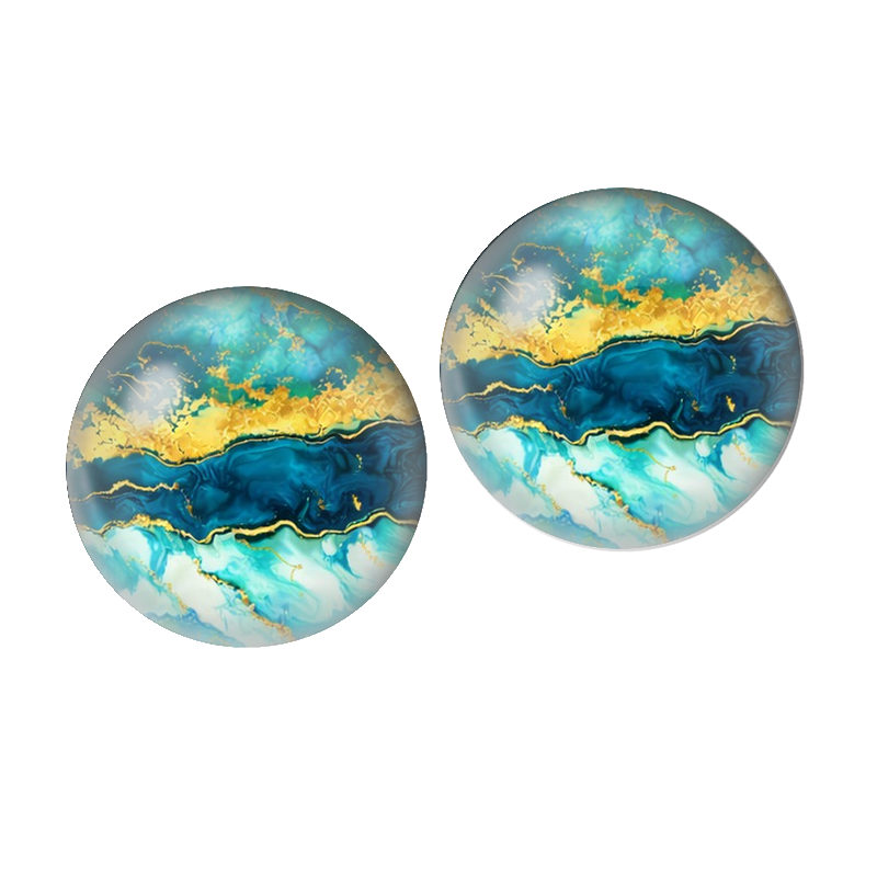 2 Cabochons en Verre Illustré Abstraction Turquoise et Or 10mm