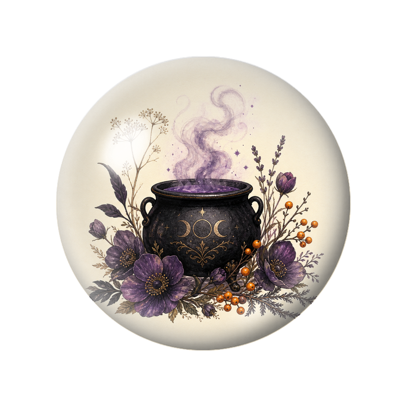 Cabochon en Verre Illustré Chaudron Magique aux Fleurs Violettes 12 à 25mm