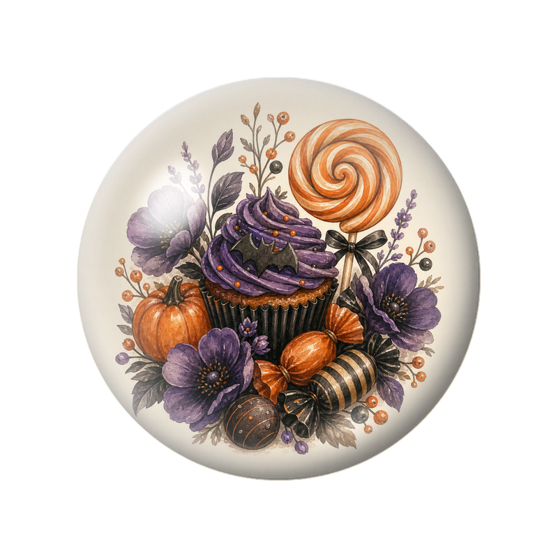 Cabochon en Verre Illustré Cupcake de Sorcière et Sucette Orange 12 à 25mm
