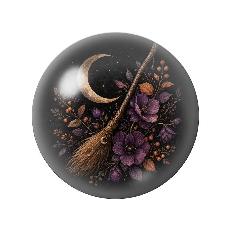 Cabochon en Verre Illustré Balai de Sorcière Fleuri 12 à 25mm
