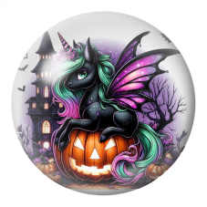 Cabochon en Verre Illustré Licorne Sombre sur une Citrouille 12 à 25mm pour la Création de Bijoux Fantaisie - DIY