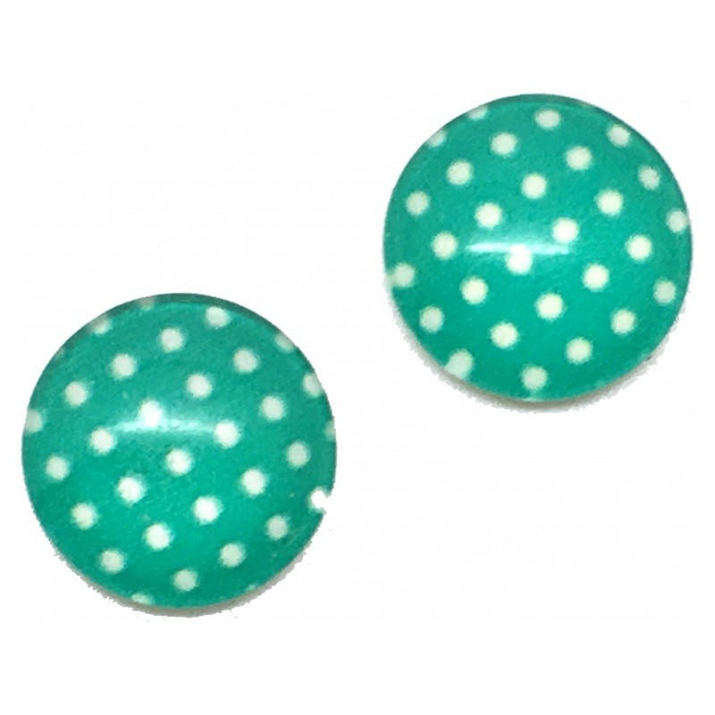 Lot de 2 Cabochons en Verre Vert Émeraude à Pois Blancs 12mm