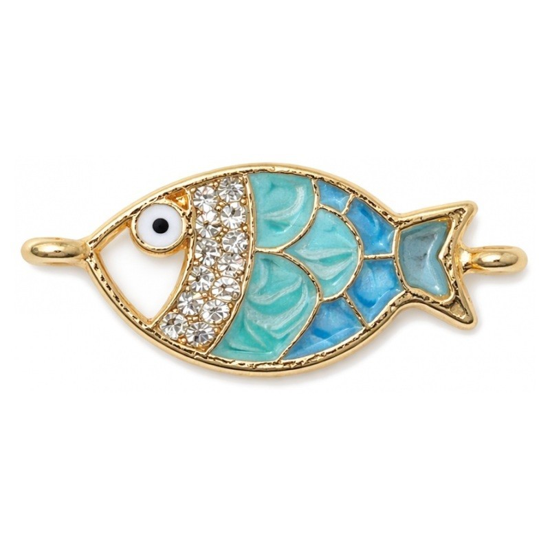Connecteur Poisson en Émail Bleu Strass Métal Doré 28x13mm pour la Création de Bijoux Fantaisie - DIY