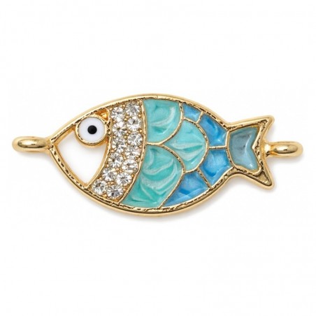 Connecteur Poisson en Émail Bleu Strass Métal Doré 28x13mm