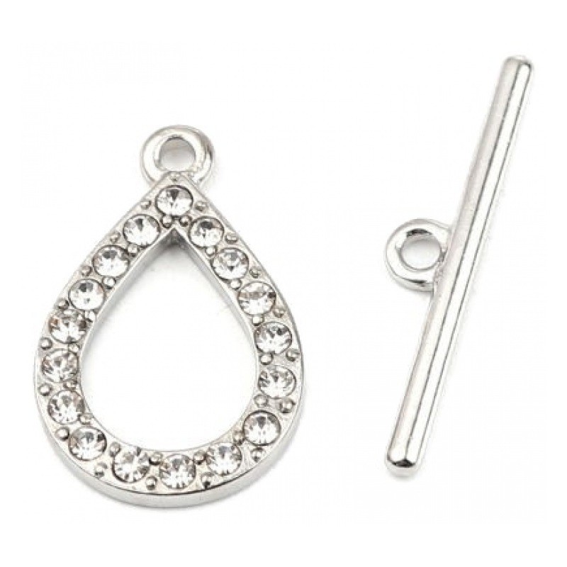 Fermoir Toggle Goutte Argenté avec Strass pour Bracelet 25x16mm - 29x6mm
