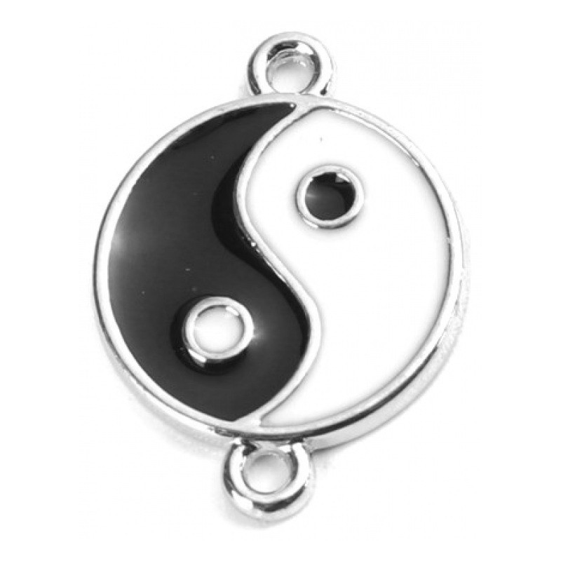 2 Connecteurs Yin Yang Émail Noir et Blanc Métal Argenté 21x16mm