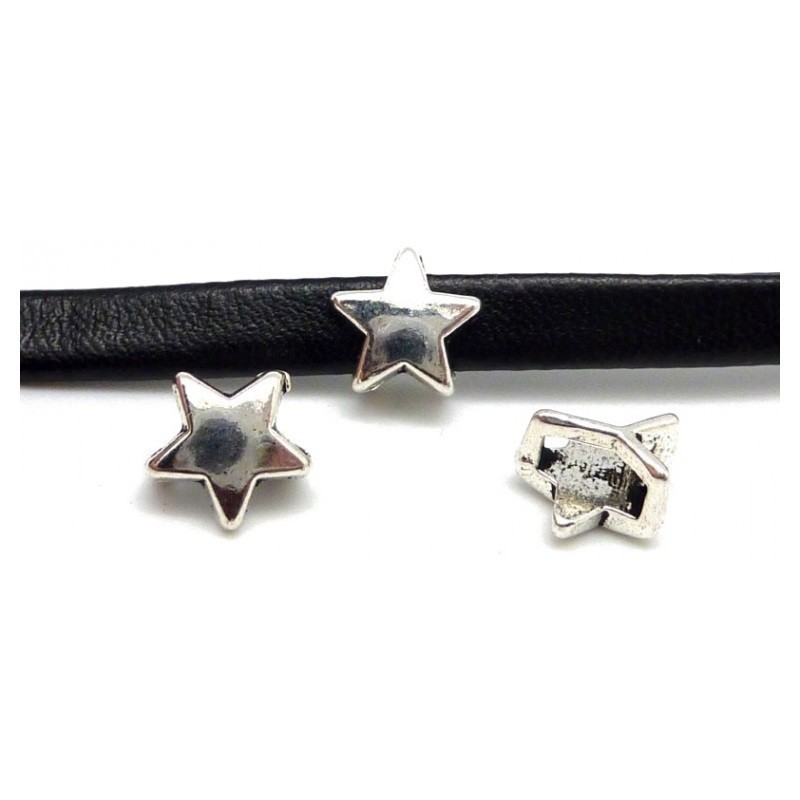 2 Perles Glissière Passant Étoile Argentée Pour Cordon Plat 6mm