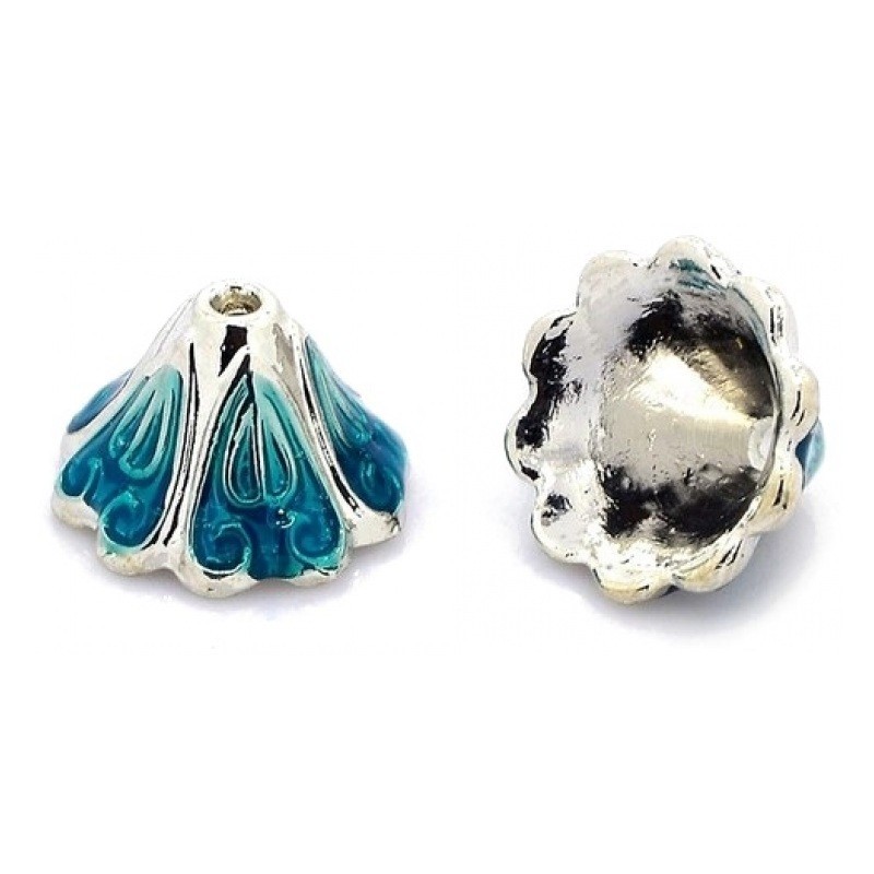 2 Coupelles Calottes pour Perles Fleur en  Émail Bleu 15x10mm