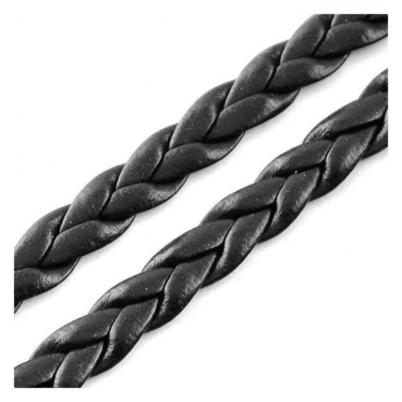 1 Mètre de Cordon Cuir Véritable Tressé Noir 5mm