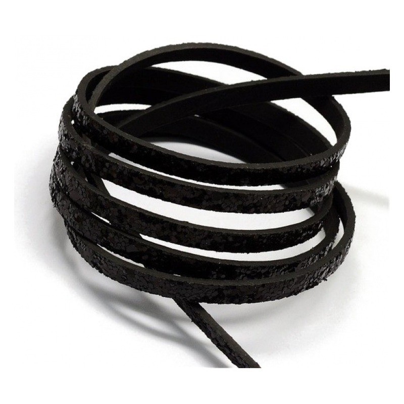 1 Mètre de Cordon Imitation Cuir Pailleté Noir 5mm