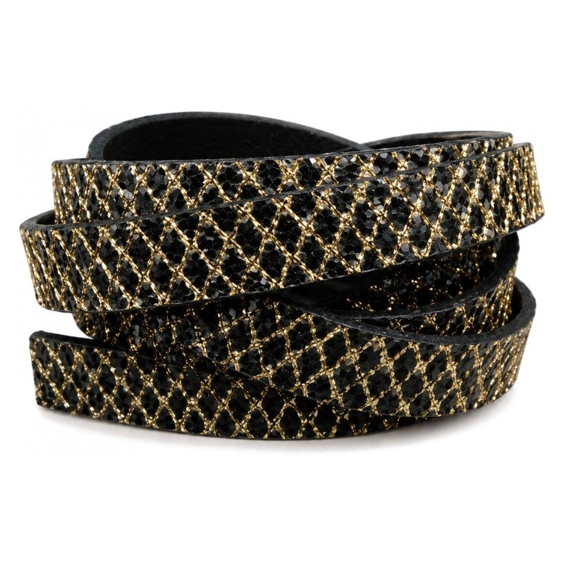1 Mètre de Cordon Plat en Cuir Véritable Noir et Doré 10x2mm