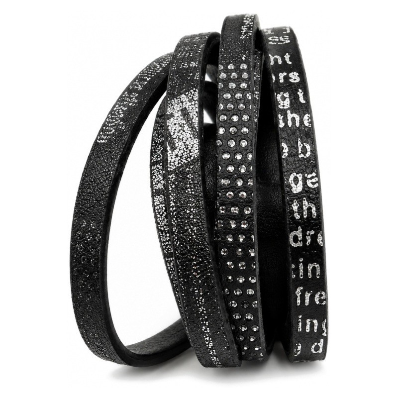 1 Mètre de Cordon Plat en Cuir Véritable Noir Écriture Argentée 5x2mm