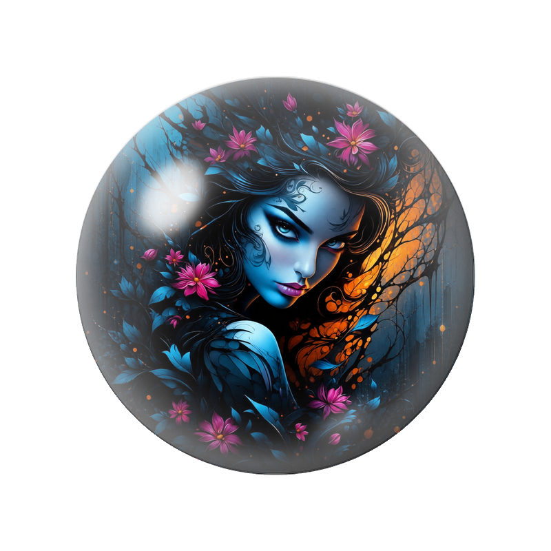Cabochon en Verre Illustré Femme Bleue aux Fleurs Nocturnes 12 à 25mm