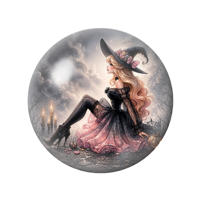 Cabochon en Verre Illustré Sorcière Rose au Clair de Lune 12 à 25mm