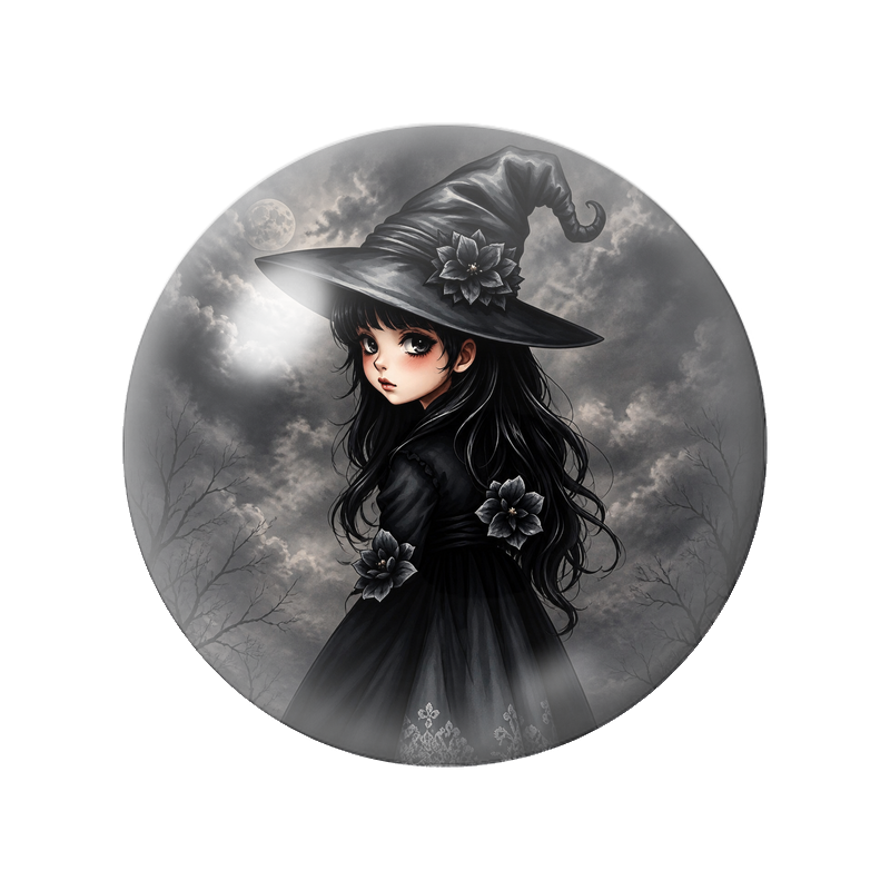 Cabochon en Verre Illustré Petite Sorcière aux Fleurs Noires 12 à 25mm