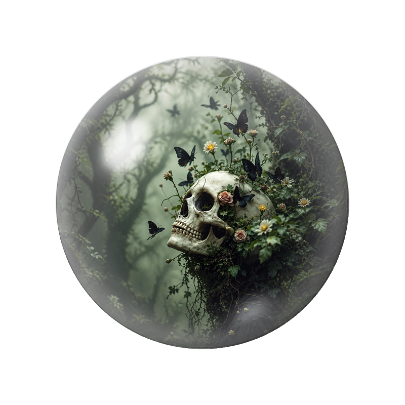 Cabochon en Verre Illustré Crâne Fleuri dans la Forêt 12 à 25mm
