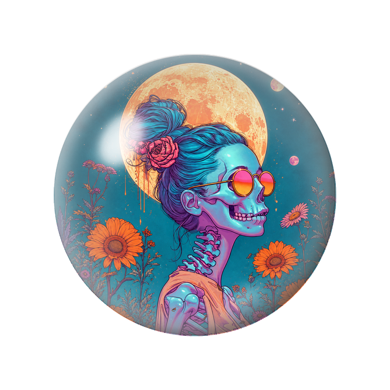 Cabochon en Verre Illustré Squelette aux Lunettes Cœur et Fleurs 12 à 25mm