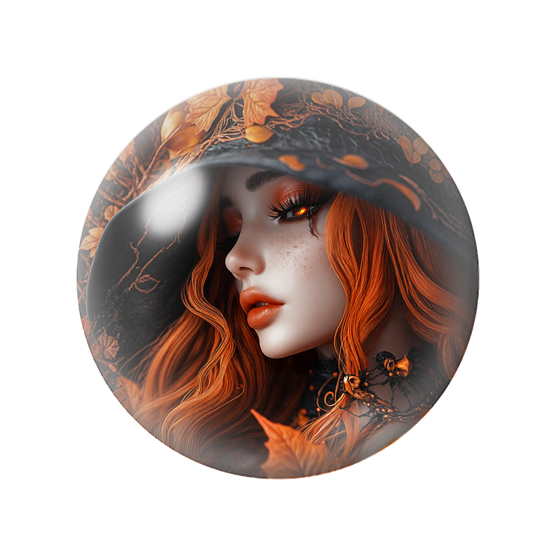 Cabochon en Verre Illustré Sorcière Rousse aux Feuilles d’Automne 12 à 25mm