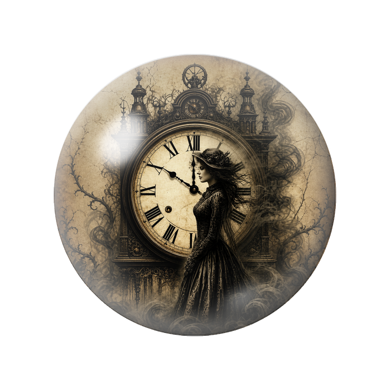 Cabochon en Verre Illustré Femme Gothique devant l’Horloge Ancienne 12 à 25mm