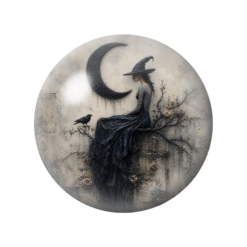 Cabochon en Verre Illustré Sorcière au Corbeau sous le Croissant de Lune 12 à 25mm