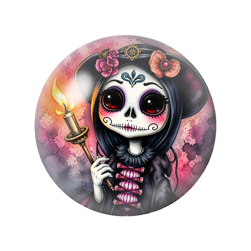 Cabochon en Verre Illustré Sorcière Calavera à la Bougie 12 à 25mm