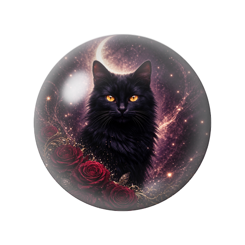 Cabochon en Verre Illustré Chat Noir sous le Croissant de Lune 12 à 25mm